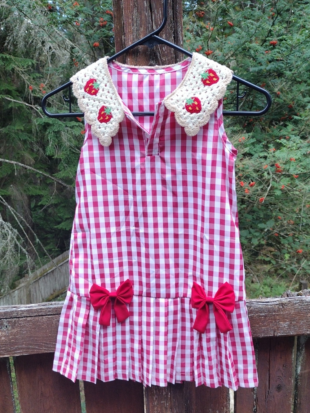 Size6,Handmade Pink Gingham Strawberry-Collar Kids Dress